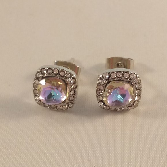 Jewelry - Silver Plated Mystic Rainbow Cushion Shape Halo Diamond Zircon Stud Earrings 7mm